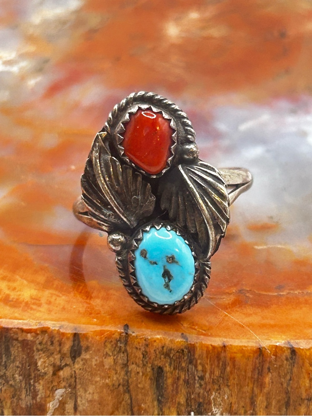 Southwest Sterling Silver Turquoise and Coral Ring - Size 8